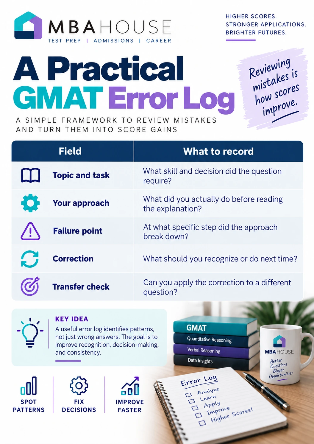 MBA House GMAT error-log infographic with five fields: topic and task, your approach, failure point, correction, and transfer check.