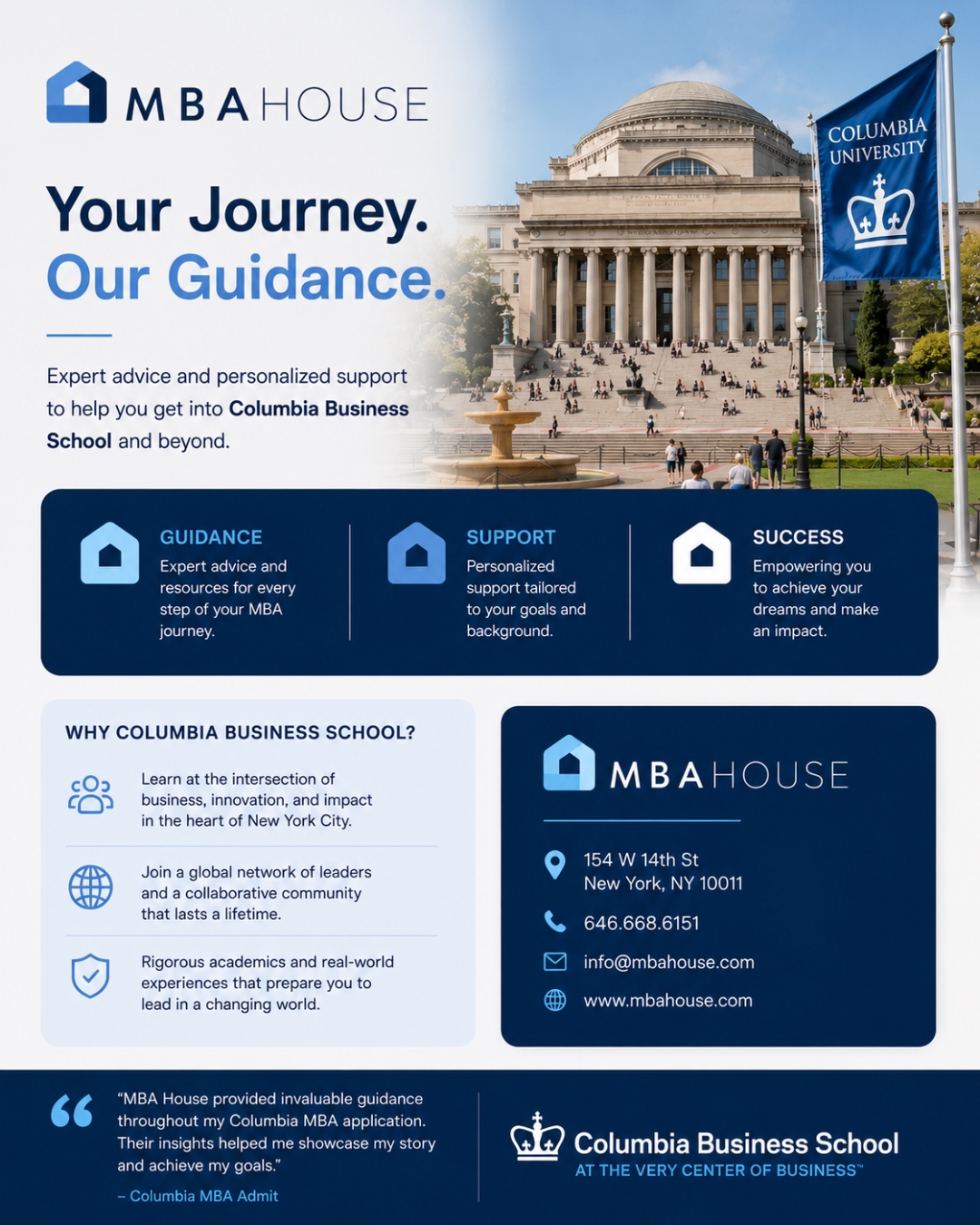 MBA House guide to Columbia Business School MBA admissions covering GMAT scores, essays, the 50-character short answers, scholarships, cost, and career outcomes